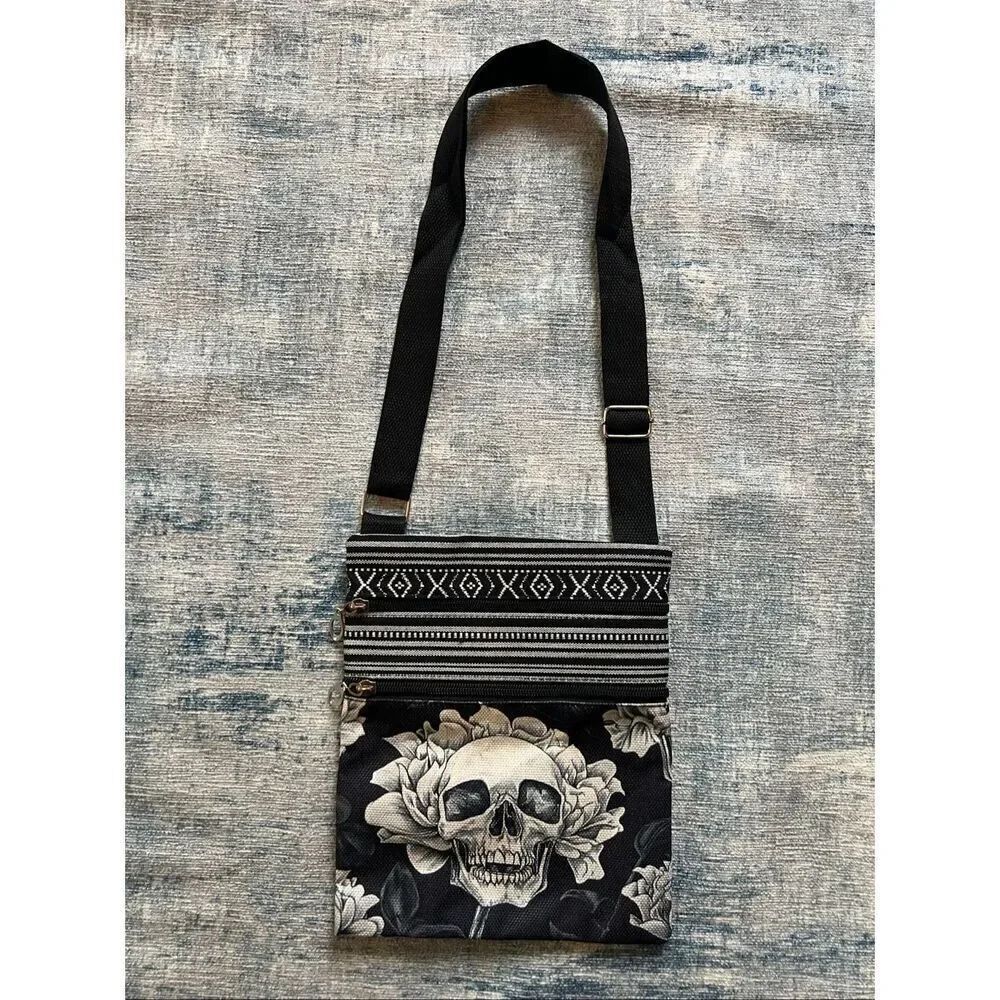 Black White Floral Skull Cotton Canvas Double Pocket Crossbody Shoulder Pouch
